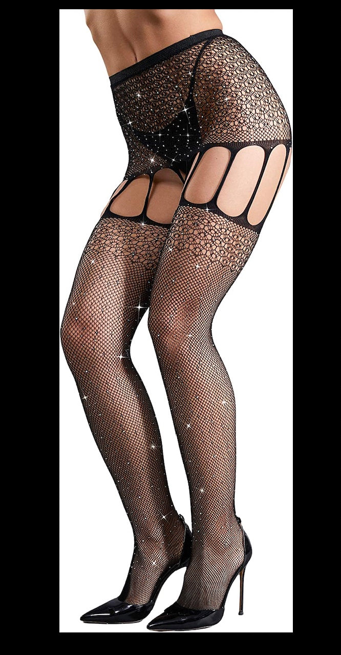 Women's Sparkle Rhinestone Fishnets Sexy Tights High Waist Stockings-Black