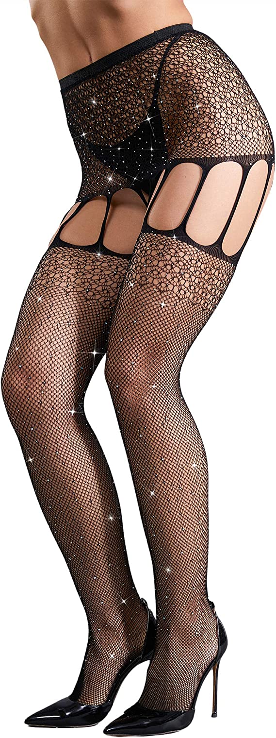 Women's Sparkle Rhinestone Fishnets Sexy Tights High Waist Stockings-Black