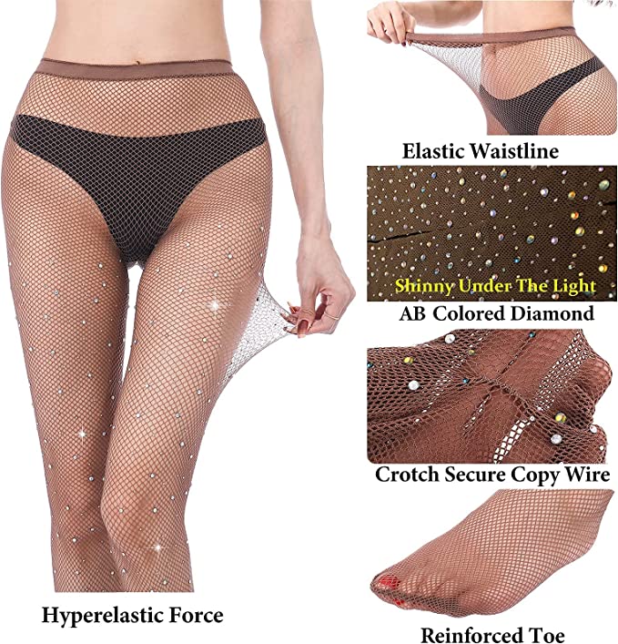 High Waist Rhinestone Fishnet Stockings Sparkle Glitter Fish Nets Tights  Party Concert Outfit